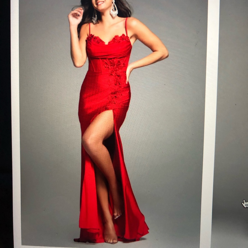 Jovani Vibrant Red Dress with Lace Details